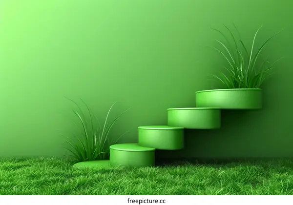 Green podium with grass on the background