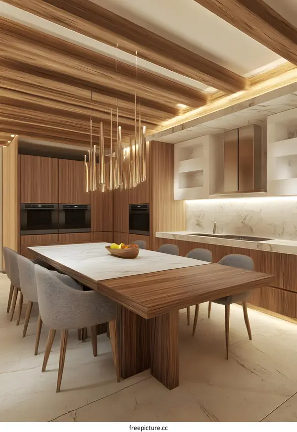 Modern Minimalist Kitchen Design with Wooden Beams and a Chandelier