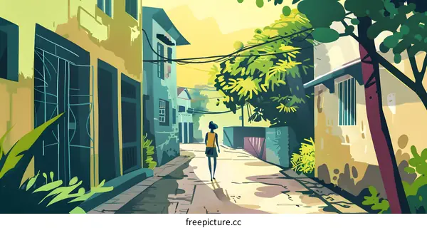 Woman Walking Alone Down Narrow Alleyway