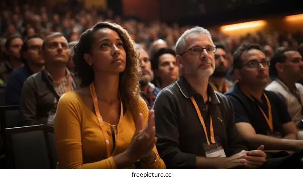 Audience at a conference attentively listening to a speaker