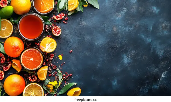 Fresh Citrus Fruits and Tea on Dark Blue Background