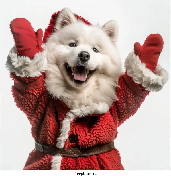 Adorable Samoyed Dog Dressed as Santa Claus