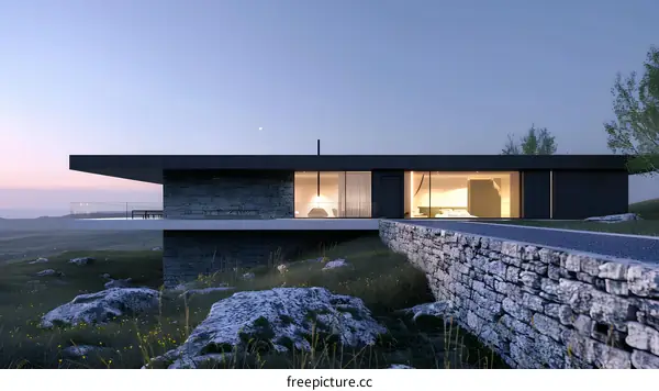 Modern House Design with Stone Wall and Patio