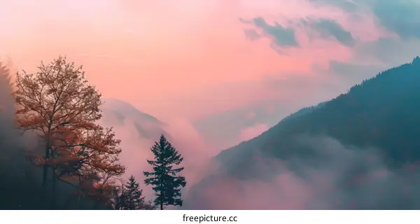 Misty Mountains Landscape at Sunset