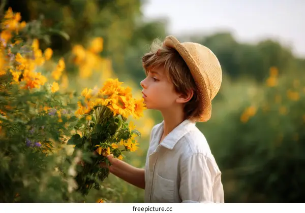 A Boy Smells Sunflowers in a Field