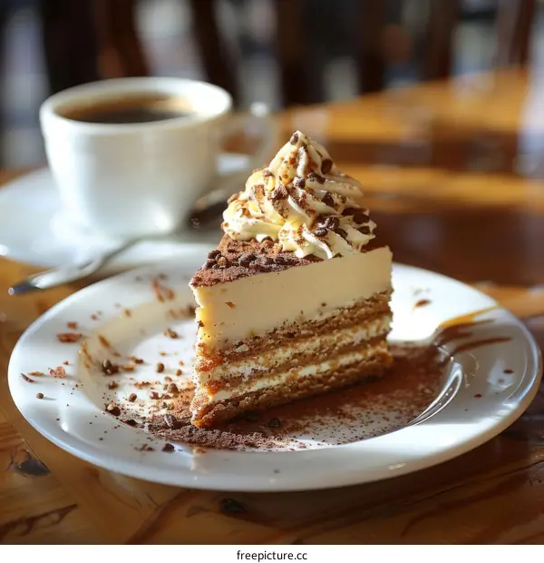 A delicious slice of cake on a white plate with a cup of coffee in the background