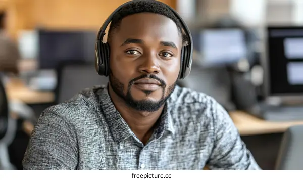 African Man Wearing Headphones in Office Setting