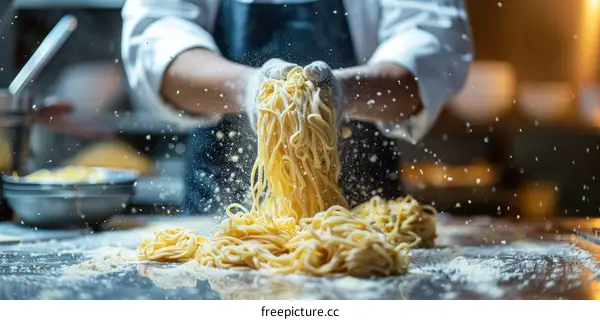 Chef tossing pasta in the kitchen