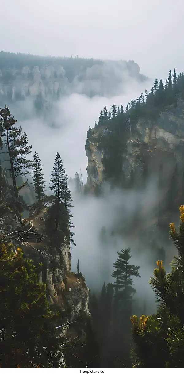 Misty Mountain Landscape with Tall Pines and Cliffs