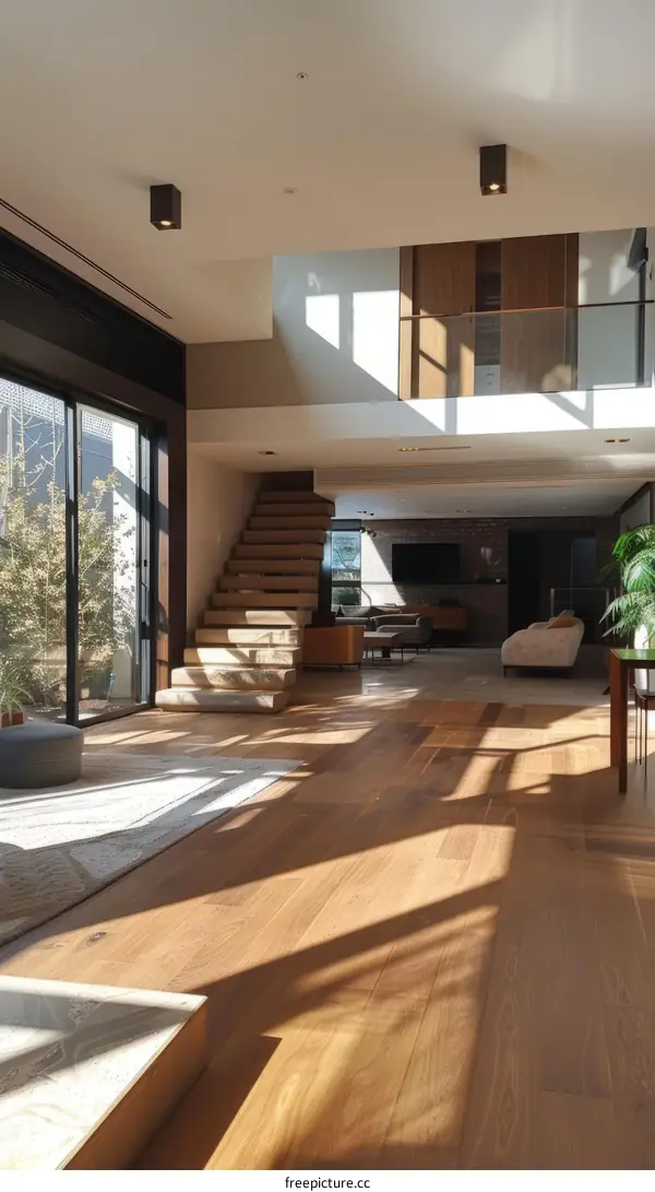 Stairway to the second floor of a luxury house with wooden stairs and glass railing