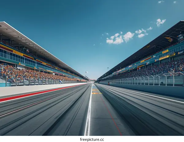 A long and empty racetrack with a blue sky