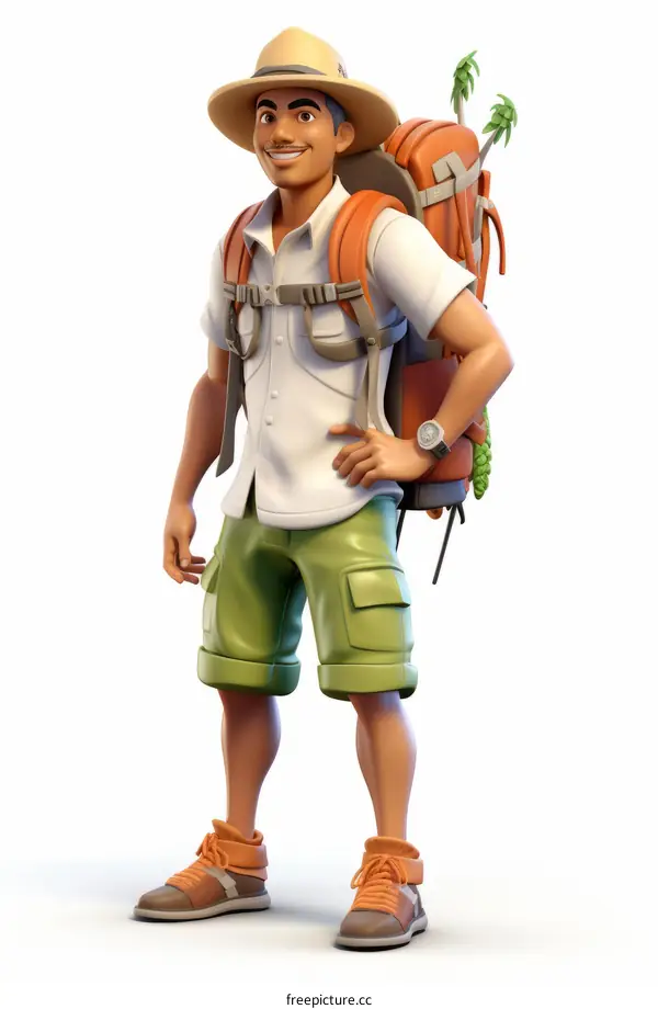 A male adventurer with a backpack is ready to explore the jungle