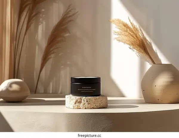 Natural skincare product on a stone podium with a beige background and pampas grass