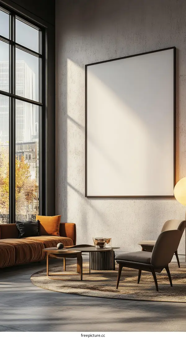 Modern Living Room Interior Mockup with Empty Frame