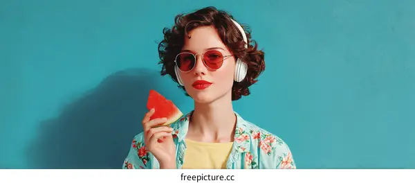 Stylish Woman Eating Watermelon in Sunglasses