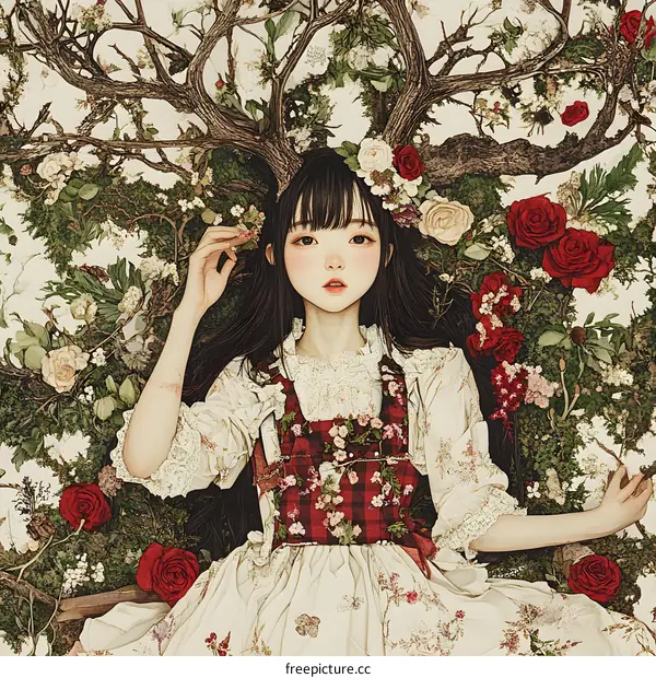 Girl in a Flower Dress Lying on a Branch of Flowers