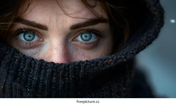 piercing blue eyes of a woman wearing a black woolen scarf