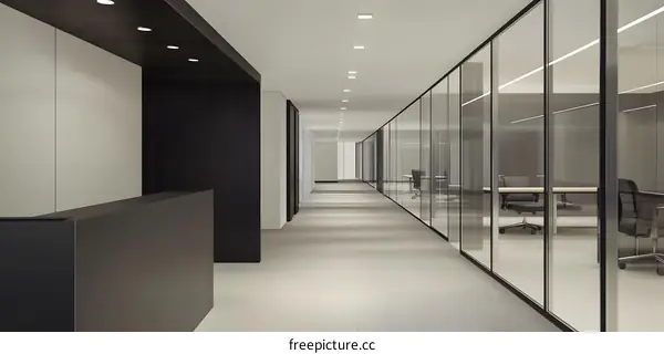 Modern Office Corridor Interior Design with Glass Walls and Minimalist Decor