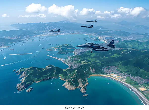 Aerial View of Military Fighter Jets Flying Over Coastal City