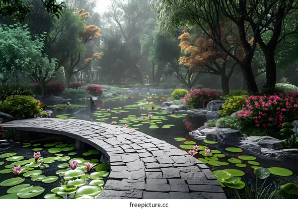 A winding path leads through a beautiful garden