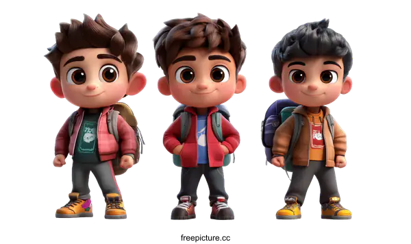 [Transparent Background PNG]Three Cartoon Kids Adventure Illustration