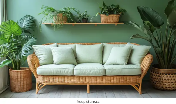 Green Room with Wicker Sofa and Plants