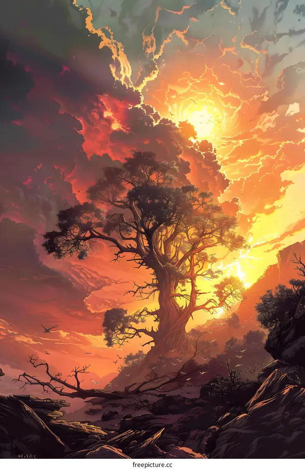 Sunrise Over Tree Landscape With Birds And Clouds