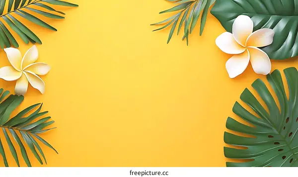 Tropical Leaves and Flowers on Yellow Background