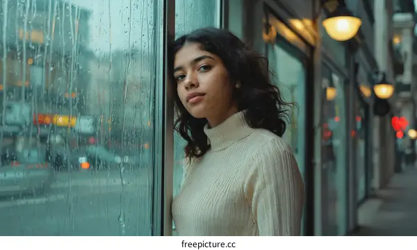 Rainy Day Reflection of a Young Woman by the Window