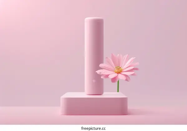 A pink thermos bottle with a pink flower beside it