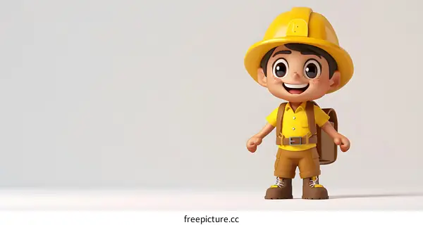 A young explorer in a yellow hard hat and khaki outfit is smiling.