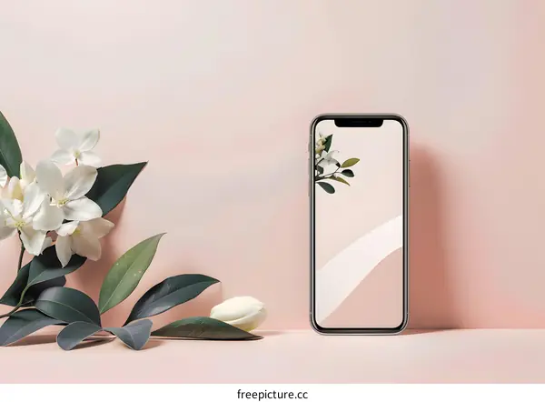 Minimalist Phone Mockup with Flowers and Blush Pink Background
