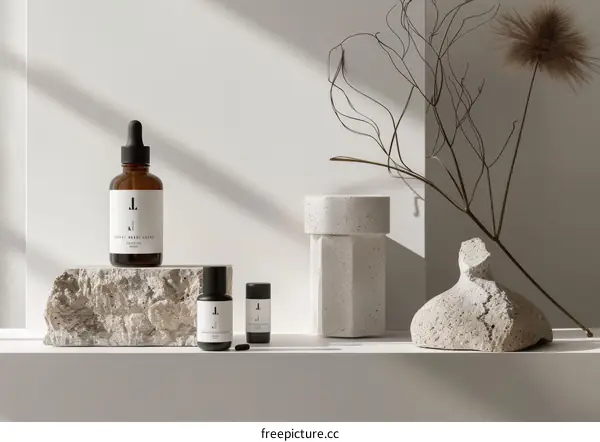 Cosmetic Bottles on Stone Shelf with Natural Light and Shadows