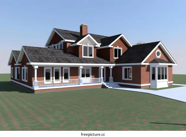 Red Brick House with White Columns and a Large Lawn