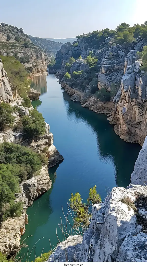The river flows through the canyon