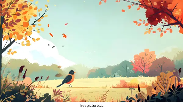 Autumn Landscape with a Bird Illustration