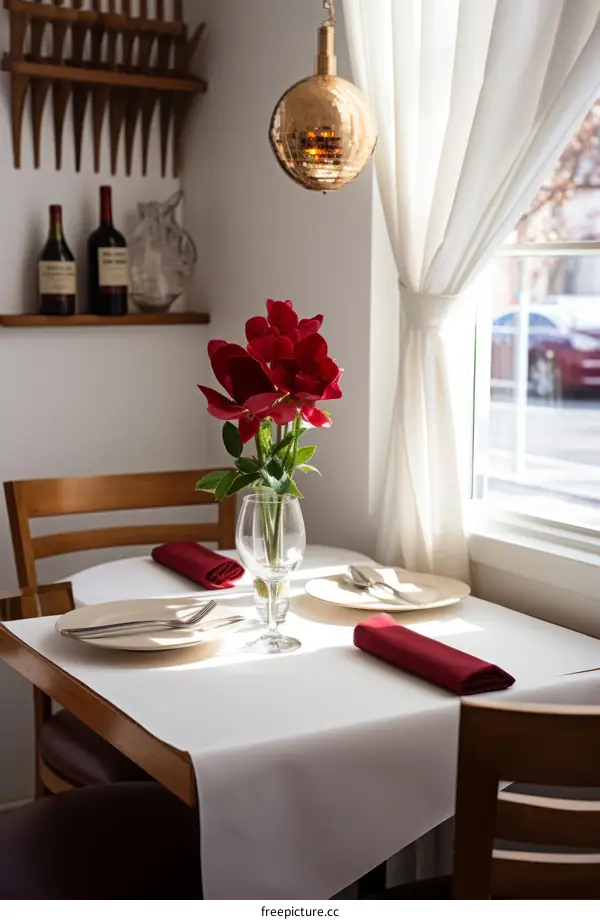 Elegant Restaurant Table Setting with Red Flowers