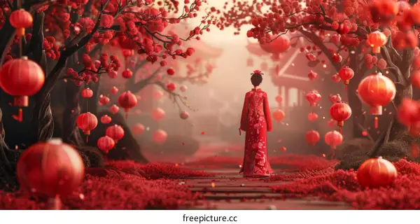 A woman in red Hanfu walks through a long corridor of red lanterns