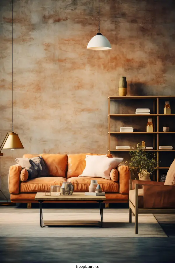 Modern Living Room with Brown Leather Sofa, Coffee Table & Plants