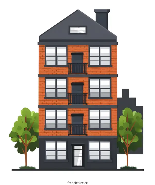 Red Brick Building with Black Roof and Windows