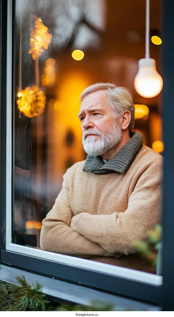 Elderly Man Looking Out Window in Winter
