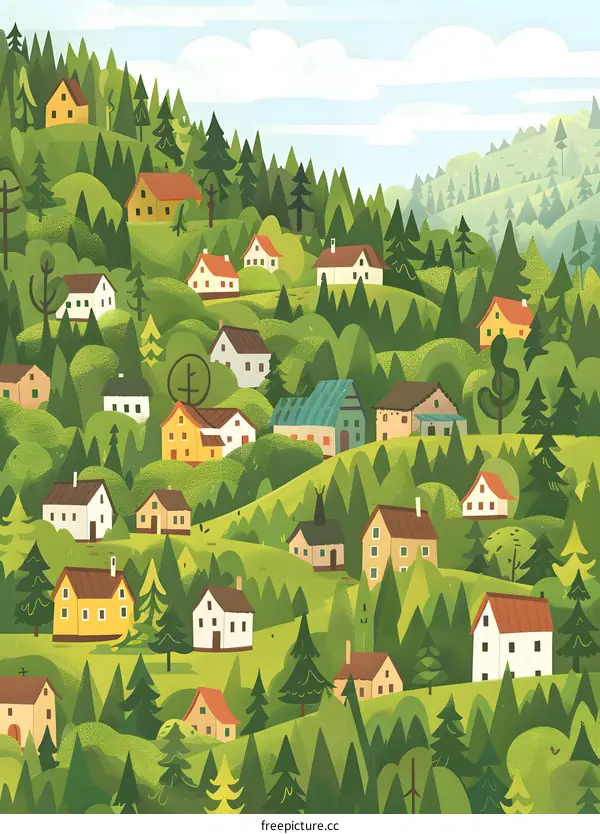 Green Hills and Houses in a Forest