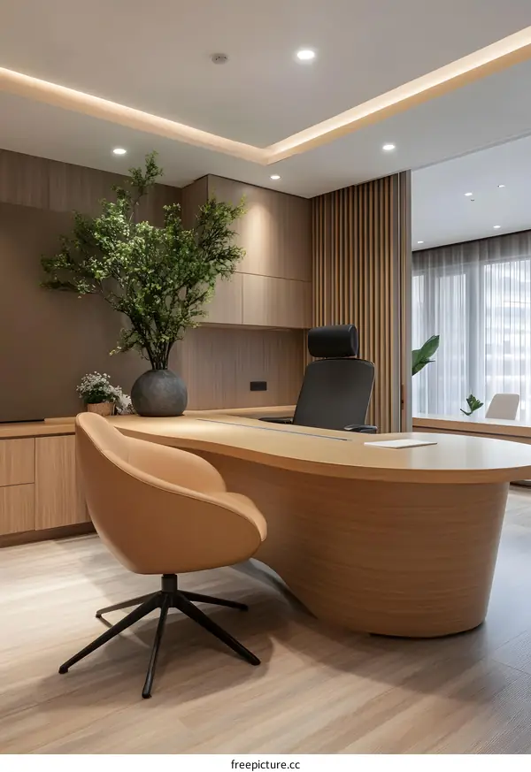 Modern Office Interior Design With Wooden Desk And Chair