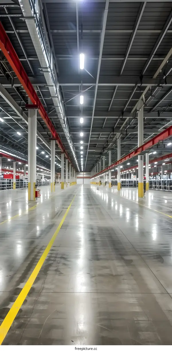 Empty Industrial Warehouse Interior With Metal Beams and Lighting