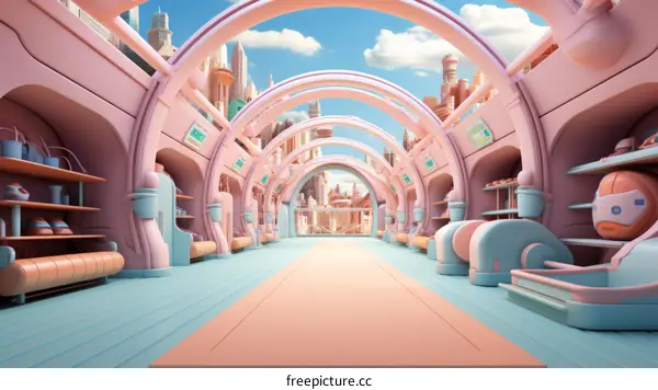Futuristic city with pink and blue pastel colors