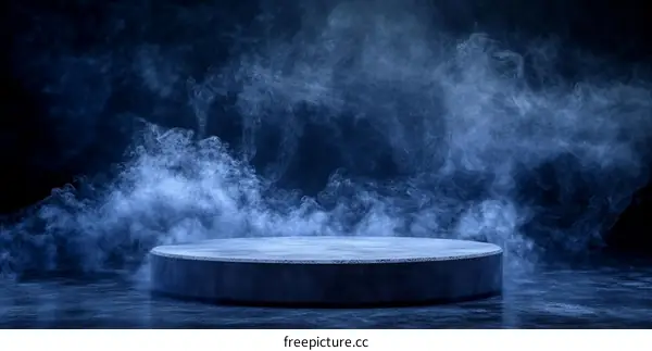 Dark Blue Smoke Studio Background with Concrete Platform