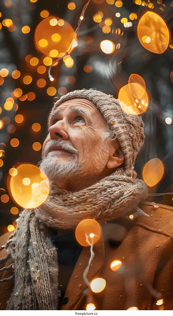 Man Looking Up at Christmas Lights