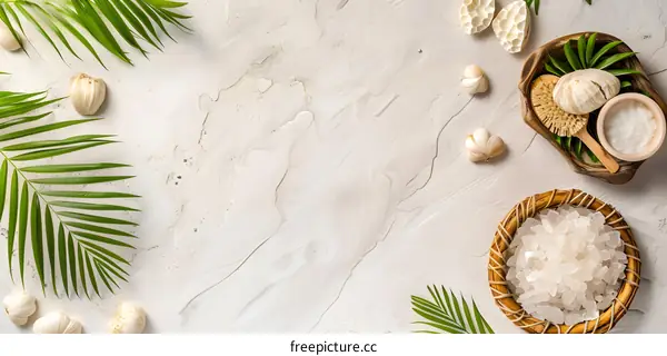 Tropical Spa Relaxation Background With Palm Leaves, Shells, And Sea Salt