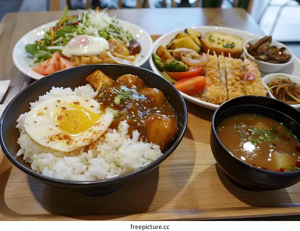 Japanese Food Set With Curry Rice And Miso Soup