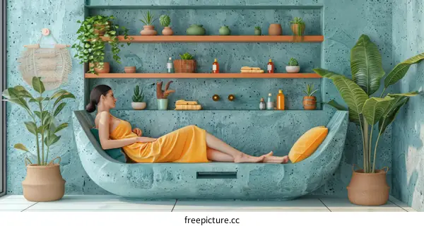 Relaxing in a Concrete Bathtub Surrounded by Lush Greenery